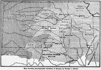 Kansasin ja Pohjois-Oklahoman fysiografiset alueet esittävä kartta.  