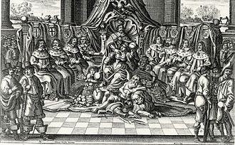 Emperor and Empire on an engraving by Abraham Aubry, Nuremberg 1663/64. In the centre Emperor Ferdinand III is depicted as the head of the Empire in a circle of electors. At his feet sits a female figure as an allegory of the empire, recognisable by the insignia of the imperial orb. The fruits surrounding her symbolise the hope of new prosperity after the end of the Thirty Years' War. In the original, the depiction is signed with: Teutschlands fröhliches zuruffen / zu glückseliger Fortsetztung / der mit Gott / in regensburg angestellten allgemeine Versammlung des H. Röm. Reiches obersten Haubtes und Gliedern
