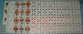 Rummy Bridge Canasta hand, French picture with German abbreviations on the court cards