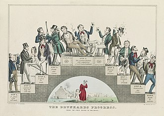 The Drunkard's Progress (1846) av Nathaniel Currier varnar för att måttligt drickande leder till total katastrof steg för steg.  