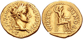 Un aureo romano (moneta d'oro) battuto nel 36 d.C., raffigurante Tiberio, con Livia come Pax (pace) sul rovescio