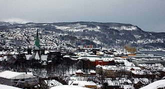 View from Singsaker in northwestern direction over Trondheim, on the left the towers of Nidaros Cathedral.