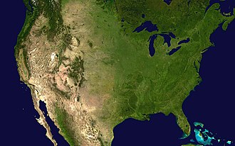 Satellite image of the 48 central states of the United States (excluding Alaska and Hawaii) and adjacent areas.