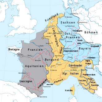 The division of territory of the Frankish Empire in the Treaty of Verdun (Wirten) 843