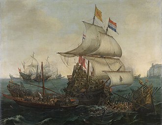 A warship sailing under state flag. At the stern the "blood flag" for the joint attack on the enemy, in the main stop the flag of the Staten Generaal and here also the mark of the admiral ship. In the fore- and mizantop the general flag of the United Provinces of the Netherlands.