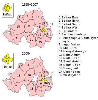 The constituency divisions for the Northern Ireland Assembly follow the constituency boundaries for the Westminster Parliament. The boundaries of the 18 constituencies were partly redrawn in 2008.