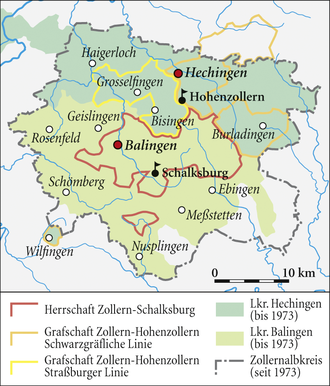 The ancestral lands of the Hohenzollerns and today's Zollernalbkreis. Separation of the Schalksburg dominion from the core estate in 1288. Emergence of the Black Count and Strasbourg lines in 1344.