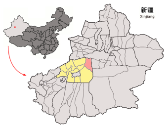 Province du Xinjiang, Chine ; Kucha en rose ; Aksu en jaune