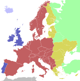 Fuseaux horaires de l'Europe par rapport à UTC : bleu Heure d'Europe occidentale (UTC+0) Heure d'été d'Europe occidentale (UTC+1) bleu clair Heure de l'Europe occidentale (UTC+0) rouge Heure d'Europe centrale (UTC+1) Heure d'été d'Europe centrale (UTC+2) jaune Heure de l'Europe de l'Est (UTC+2) Heure d'été de l'Europe de l'Est (UTC+3) orange Heure de Kaliningrad (UTC+3) vert Heure de l'Europe extrême-orientale (UTC+3), alias heure de Moscou Les couleurs claires indiquent les pays qui n'observent pas l'heure d'été.
