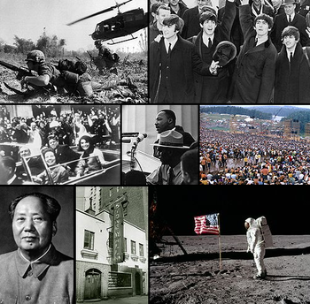 In alto, L-R: un soldato striscia sul terreno nella guerra del Vietnam; i Beatles, parte della British Invasion, cambiano la musica negli Stati Uniti e nel mondo. Centro, L-R: John F. Kennedy viene assassinato nel 1963, dopo essere stato presidente per tre anni; Martin Luther King Jr. fa il suo famoso discorso I Have a Dream davanti a una folla di oltre un milione di persone; milioni di persone partecipano al Woodstock Festival del 1969. In basso, da sinistra a destra: il cinese Mao Zedong presenta il piano del Grande balzo in avanti; lo Stonewall Inn, luogo di grandi manifestazioni per i diritti di gay e lesbiche; per la prima volta nella storia, un essere umano mette piede sulla Luna, nell'allunaggio del luglio 1969