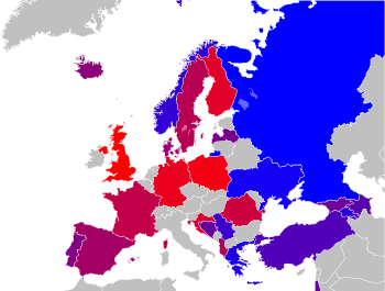 Kartan visar de deltagande ländernas placering. Ryssland, i blått, vann.  