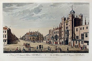 View St James's Palace, Pall Mall etc by Thomas Bowles, published 1763. looking east. The guardhouse of St James's Palace is on the right.
