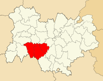 Arrondissements Haute-Loire, červeně, v regionu Auvergne-Rhône-Alpes