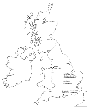 Карта на местата за провеждане на Гран при на Великобритания.  