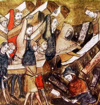 埋葬图尔奈的瘟疫受害者。正义的圣马丁修道院院长吉勒-李-穆伊斯（1272-1352年）"编年史 "中的微型画片段。比利时皇家图书馆，MS 13076-77, f. 24v.