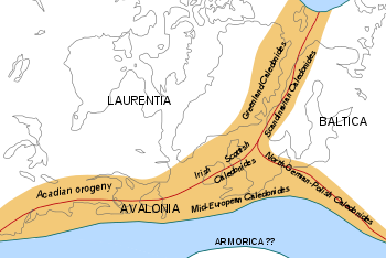 Posities van de takken van het Caledonisch gebergte aan het einde van de Caledonische orogenese. De huidige kustlijnen in grijs. Later opende de Atlantische Oceaan zich en schoven de verschillende delen van de orogenische gordel uit elkaar.