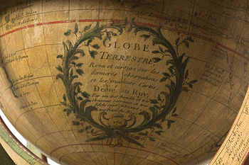 Cartouche - with a dedication in the lower half: "Earth globe - reviewed and corrected according to the last observations and the best maps - Dedicated to the king - by his very submissive and very obedient servant and very loyal subject Desnos. With the King's privilege. - – 1765“