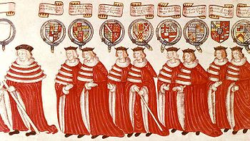 The Royal Procession to Parliament at Westminster, 4 February 1512; from left to right: an unknown Marquess, the Marquess of Dorset, Earl of Northumberland, Earl of Surrey, Earl of Shrewsbury, Earl of Essex, Earl of Kent, Earl of Derby and Earl of Wiltshire. From: Parliament Procession Roll of 1512