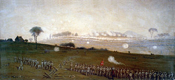  Picketts anfall från en position på den konfedererade linjen med blick mot unionens linjer, Ziegler's Grove till vänster, trädklunga till höger, målning av Edwin Forbes.