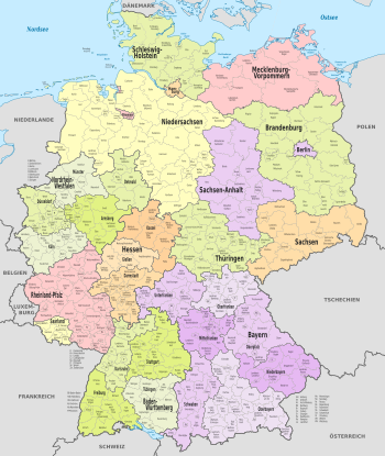 Political division of Germany into Länder, administrative districts, counties and independent cities