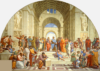 Szkoła Atenowa Raphaela. Ten renesansowy obraz przedstawia wyimaginowaną scenę ze starożytnej Grecji, z greckimi filozofami, pisarzami, artystami i matematykami. Raphael wykorzystał twarze ludzi z własnego czasu. Leonardo da Vinci był jego wzorem dla Platona, filozofa z białą brodą w centrum.