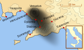 De uitbarsting van de Vesuvius in 79 na Christus. Dit toont de vele steden in de buurt. De aswolk van de Vesuvius is in het zwart weergegeven.
