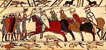 En bild av slaget vid Hastings från Bayeuxtapeten.  