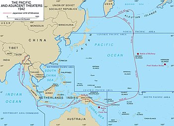 Il controllo giapponese dell'area del Pacifico occidentale tra maggio e agosto 1942. Guadalcanal si trova in basso a destra al centro della mappa.
