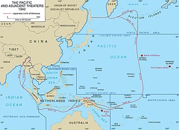 Japanin hallinta Tyynenmeren länsiosassa touko-elokuussa 1942. Guadalcanal sijaitsee kartan oikeassa alakulmassa.  