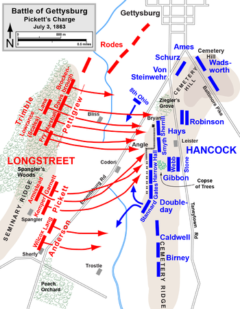  Mapa Pickettovho útoku, 3. júla 1863.      Konfederácia Únia