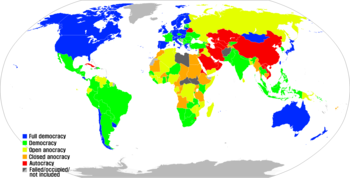 De Polity IV-datareeks is een manier om te meten hoe democratisch landen zijn. Deze kaart dateert van 2013.