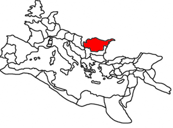 De Romeinse provincie Dacia in het rood.