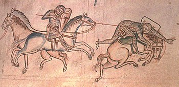 William Marshal egy lovaslovagló lovon felültet egy ellenfelet egy lovagi torna során.