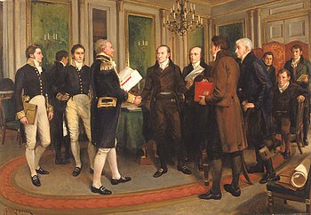 Underskrivelse af Gent-traktaten. Flådens admiral James Gambier giver hånd til John Quincy Adams. Desuden bærer den britiske understatssekretær for krig og kolonier, Henry Goulburn, en rød mappe.