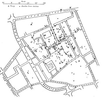 John Snow eredeti térképe, amely az 1854-es londoni kolerajárvány kolerafertőzéseinek csoportjait mutatja.