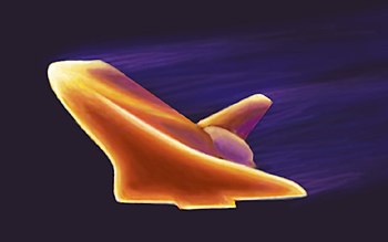 Simulatie van de buitenkant van de Space Shuttle terwijl deze opwarmt tot meer dan 1.500 °C tijdens de terugkeer in de dampkring van de aarde.