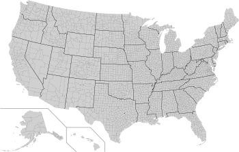Kaart van de Verenigde Staten, waarop de staten zijn aangegeven, onderverdeeld in provincies.