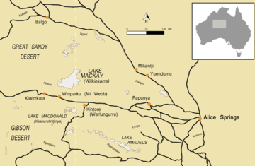 Az Alice Springs-től nyugatra fekvő terület térképe az 1980-as évek közepén. A pintupi őshaza központja a Mackay-tó (Wilkinkarra).