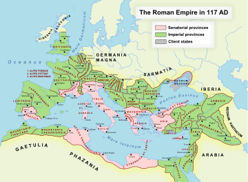 Het Romeinse Rijk in 117 na Christus, toen het op zijn grootst was.  
