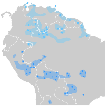 Dokumentált arawaki nyelvek: Az északi arawak nyelvek világoskékkel, a délnyugati arawak nyelvek sötétebb kékkel vannak jelölve.