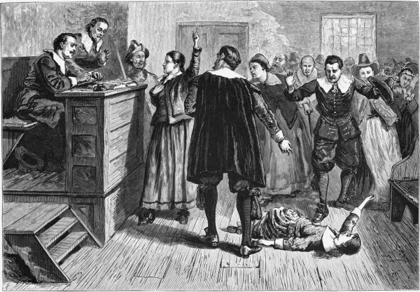 Hekserij in Salem Village. De hoofdfiguur in deze illustratie van de rechtszaal uit 1876 wordt meestal aangeduid als Mary Walcott.