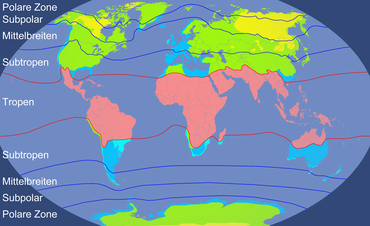 Climates of the earth by heat balance/continentality: Annual variations in monthly average temperatures: high continental climates (over 40 °C) continental climates (between 20° and 40 °C) maritime climates (between 10° and 20 °C) high maritime climates (below 10 °C) (Tropical climates)