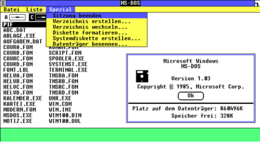 Screenshot of Windows 1.03 (german) with opened menu item "Special