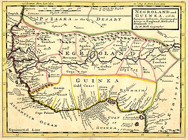 Een kaart uit 1736, waarop Negerland en Guinea staan aangegeven. Het huidige Guinea is anders