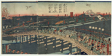 Minamoto no Yoritomo gaat naar Kyoto aan het begin van het Kamakura shogunaat -- houtsnede door Utagawa Sadahide, circa jaren 1860