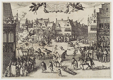 Grabado del siglo XVII sobre la ejecución en la horca, el sorteo y el descuartizamiento de los miembros del complot de la pólvora