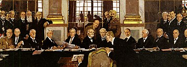 William Orpen: The Signing of Peace in the Hall of Mirrors. The representatives of the victorious powers while Johannes Bell signs the peace treaty for Germany on June 28, 1919.