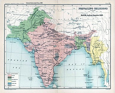 Mapa Indii Brytyjskich z 1909 roku, pokazująca różne religie: Hindusi są pokazani na czerwono, muzułmanie na zielono. Stany Pakistan i Bangladesz zostały utworzone z części obszarów pokazanych na zielono.