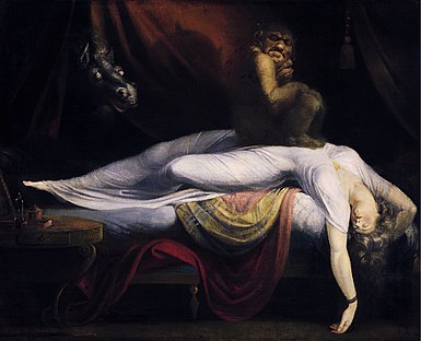 John Henry Fuseli's schilderij de Nachtmerrie uit 1781 toont typische symptomen van slaapverlamming: zware ademhaling, slappe spieren en hallucinaties.  