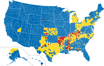 Mappa che mostra le contee secche (rosso), bagnate (blu) e umide (giallo) negli Stati Uniti